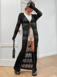 SHEIN EZwear 前繫帶落肩袖破洞開襟衫 - 黑色 - 查看 4
