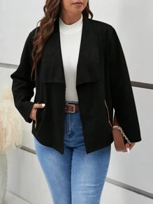 SHEIN Frenchy Hơn Cổ áo thác nước Mở Mặt trước Áo khoác - màu đen - Xem 4