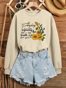 SHEIN EZwear 花和標語圖案落肩袖運動衫 - 米色 - 查看 1