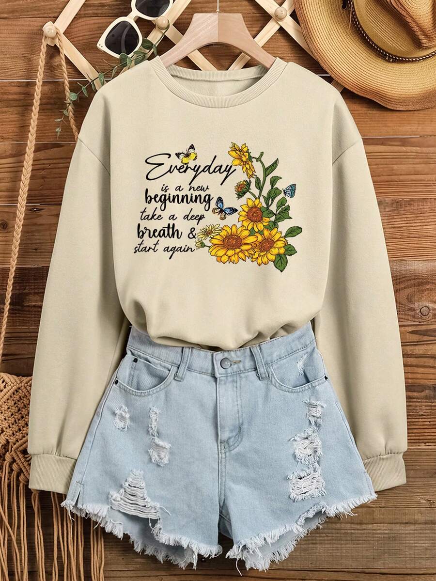 SHEIN EZwear 花和標語圖案落肩袖運動衫 - 米色 - 查看 1