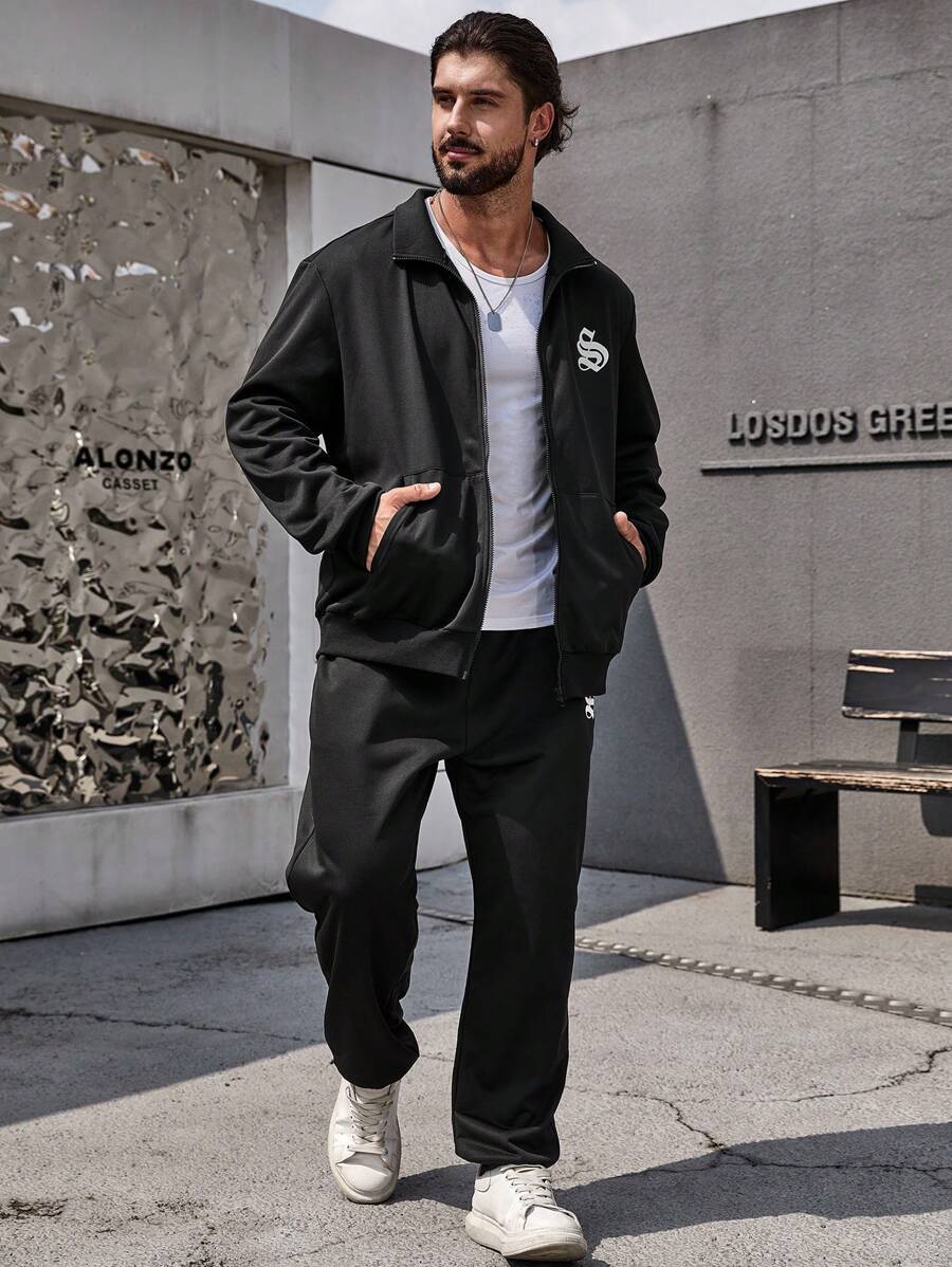 Manfinity Homme Men Plus Letter Graphic Zip Up Jacket & Sweatpants - Black - View 1