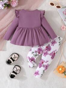 女嬰印花荷葉邊前蝴蝶結花邊下擺上衣和褲子 - 紫色 - 查看 2