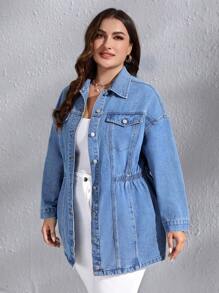 SHEIN Privé Hơn Thả vai Túi có nắp Áo khoác denim - Màu xanh lam - Xem 4