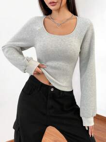 SHEIN EZwear 素色大圓領插肩袖運動衫 - 灰色 - 查看 1