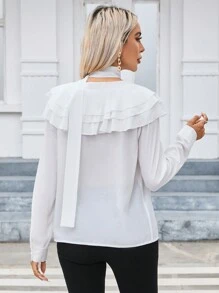 SHEIN Privé Viền Ruffle Nút phía trước Áo sơ mi - Màu be - Xem 2