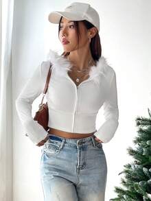 SHEIN EZwear Fuzzy Trim Crop Jacket - White - View 2