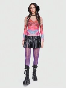 ROMWE Butterfly Print Lettuce Trim Mesh Top Without Bra - Multicolor - View 1