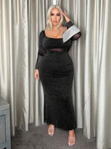 SHEIN X GiudiceGirls Plus Contrast Mesh Mermaid Hem Glitter Dress - Black - View 3