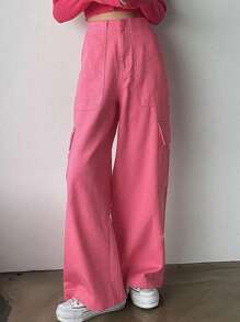 DAZY Solid Flap Pocket Side Wide Leg Pants - Pink - View 4