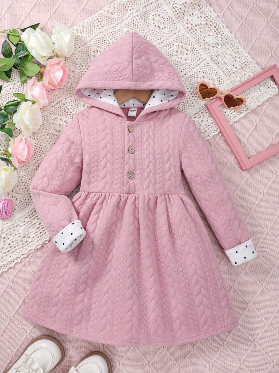SHEIN 女小童拼接波卡圓點袖口連帽洋裝 - 粉色 - 查看 1