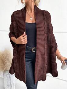 SHEIN Clasi Solid Open Front Duster Cardigan - Coffee Brown - View 4