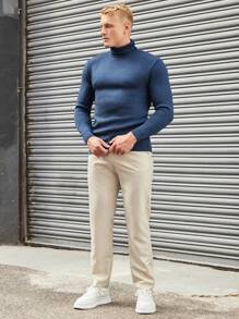 EURMUSE Hombres Jersey unicolor cuello alto - Azul - Ver 6