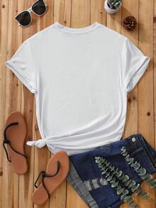 SHEIN EZwear 花卉圖案&卡通貓貓圖案T恤 - 白色 - 查看 2