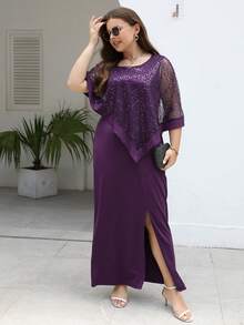 Nemidor Plus Contrast Sequin Split Thigh Dress - Purple - View 4