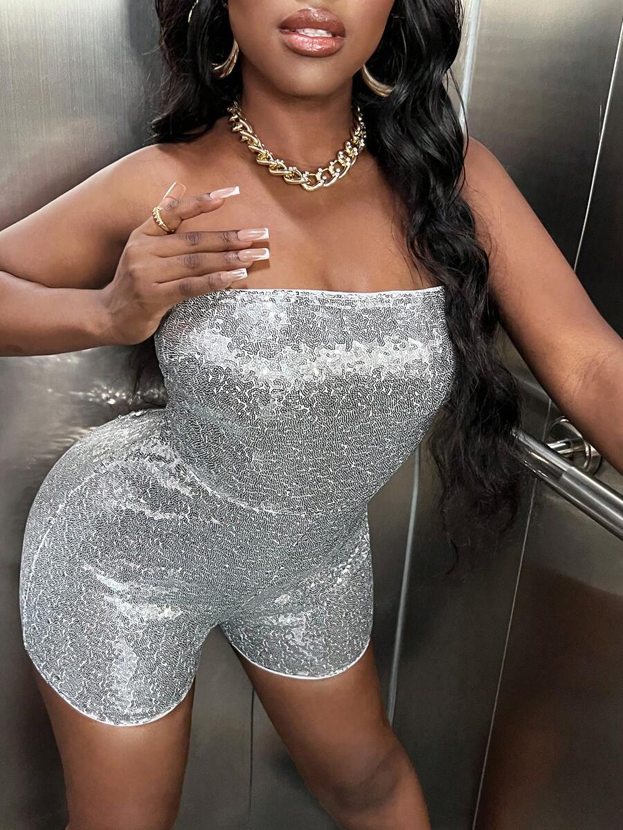 Slaydiva Paljetter Tube Unitard Overall - Silver - Visa 1