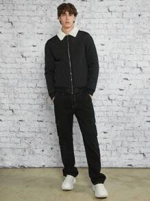 Manfinity VCAY Loose Fit Men's Borg Collar Zip-Up Quilted Coat, For Fall Winter - Black - View 5