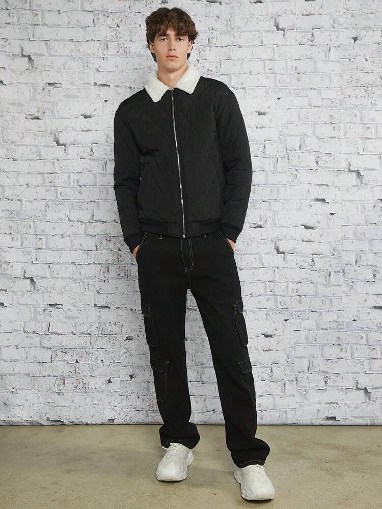 Loose Fit Men's Borg Collar Zip-Up Quilted Coat, For Fall Winter