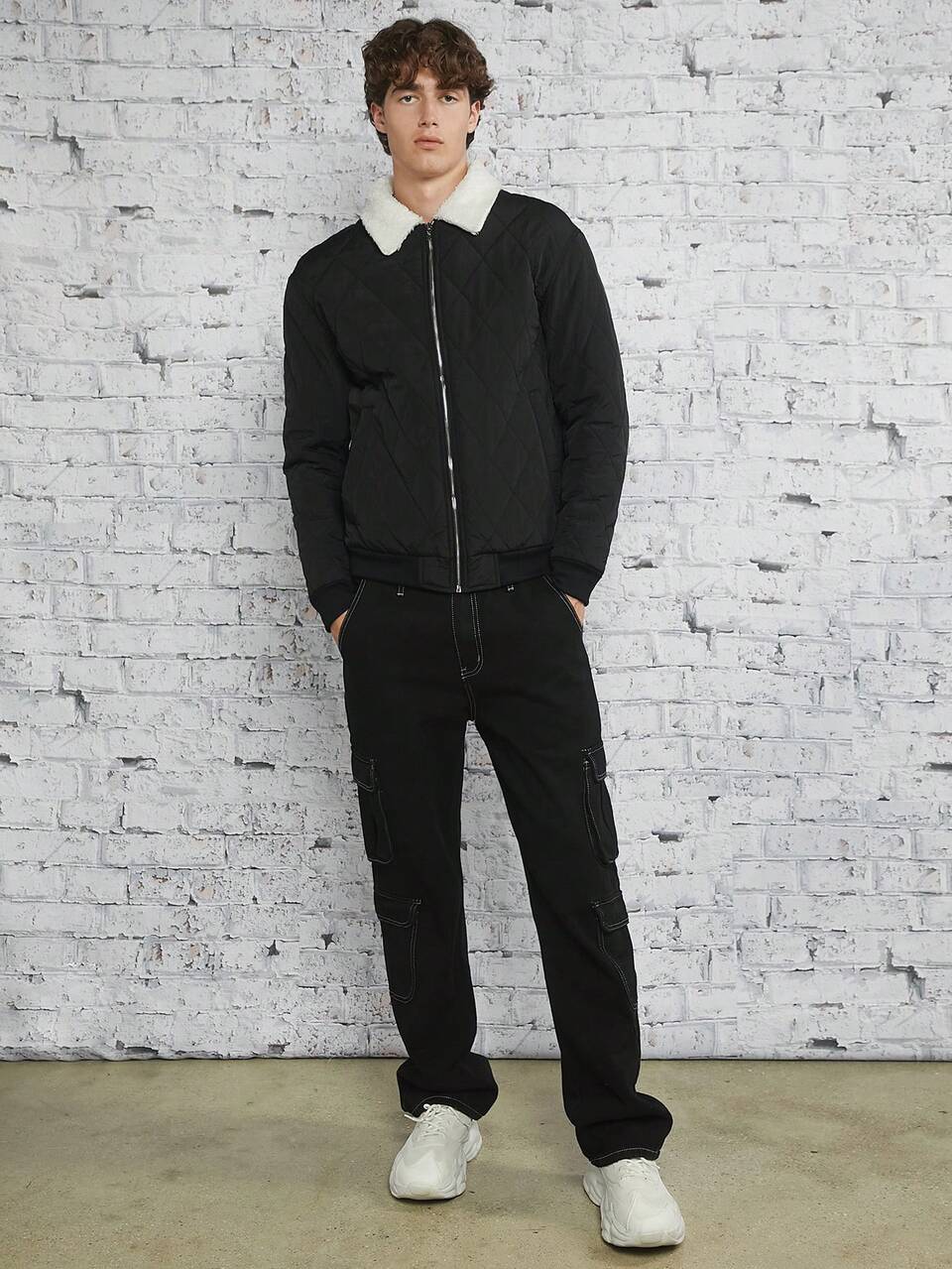 Loose Fit Men's Borg Collar Zip-Up Quilted Coat, For Fall Winter