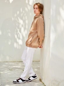 Manfinity Hypemode 男士半拉鍊下垂肩寬鬆連帽衫 - 卡其色 - 查看 4