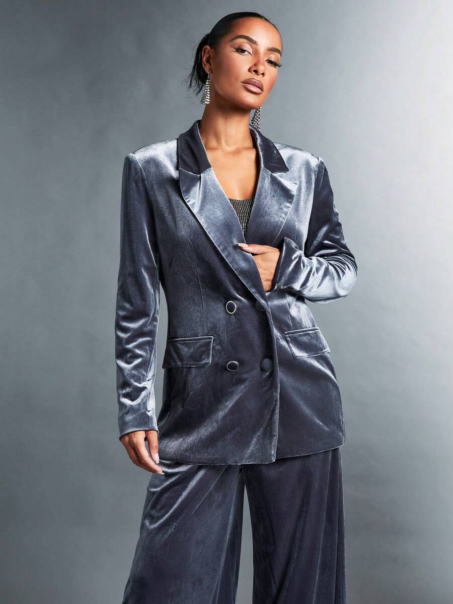 SHEIN BAE Double Breasted Velvet Blazer - Grey - View 1