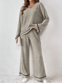 SHEIN Frenchy 拼接邊落肩T恤和褲子 - 卡其色 - 查看 3