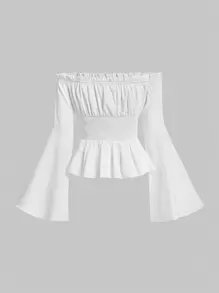 SHEIN MOD Off Shoulder Lace Up Front Ruched Bust Ruffle Hem White Waisted One-Shoulder Bell Sleeves Blouse,Long Sleeve Tops