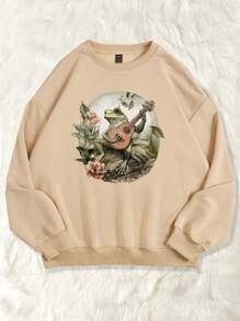 SHEIN LUNE 大碼花卉圖案和青蛙印花落肩袖運動衫 - 卡其色 - 查看 3