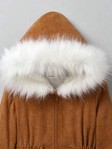 SHEIN Abrigo Térmico Con Capucha Y Ribete Borroso Con Cintura Ajustable Para Niño Joven
