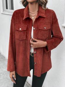 SHEIN Frenchy 翻蓋口袋落肩袖燈芯絨大衣 - 紅色 - 查看 3