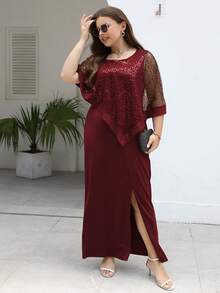 Nemidor Plus Contrast Mesh Split Thigh Dress - Burgundy - View 5