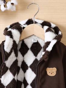SHEIN Baby Boy Bear Patched Detail Fuzzy Lined Hooded Jacket - Multicolor - View 4