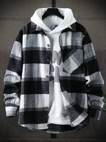 Manfinity Homme Men Pocket Front Plaid Tweed Overcoat Without Hoodie - Black and White - View 1