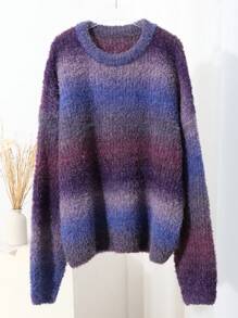 Dazy-Less 女士圆领蝙蝠袖休闲扎染套头衫，秋冬，秋季女装 - 紫色 - 查看 6