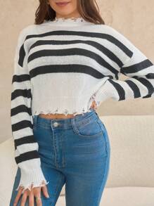SHEIN Essnce 條紋圖案落肩袖破洞毛衣