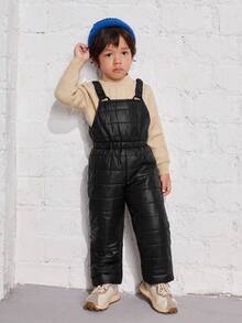 SHEIN 男小童1入組素色衍縫背帶連身褲 - 黑色 - 查看 3