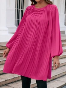 SHEIN Clasi 素色百褶細節直筒洋裝 - 玫紅色 - 查看 4