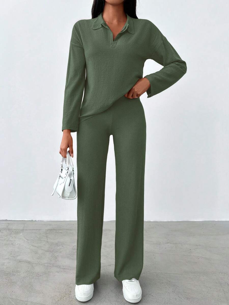 EURMUSE Solid Drop Shoulder Tee & Pants - Army Green - View 1