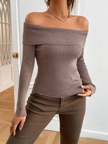 SHEIN EZwear Women's Off Shoulder Ribbed Sweater - Brown - View 3