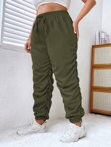 Flirla 大碼腰部抽繩褶邊長褲 - 軍綠色 - 查看 6