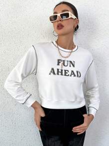 SHEIN Essnce 字母圖案頂針落肩袖短款運動衫 - 黑與白 - 查看 5