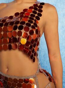 SHEIN SXY Sequin Decor One Shoulder Top & Split Thigh Skirt - Coral Orange - View 3