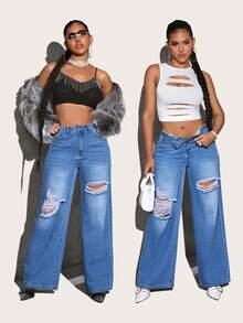 SHEIN Jeans desgarro de pierna ancha - Azul lavado medio - Ver 6