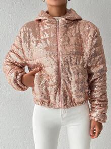 EURMUSE Zip Up Hooded Sequin Puffer Coat - Pink - View 3