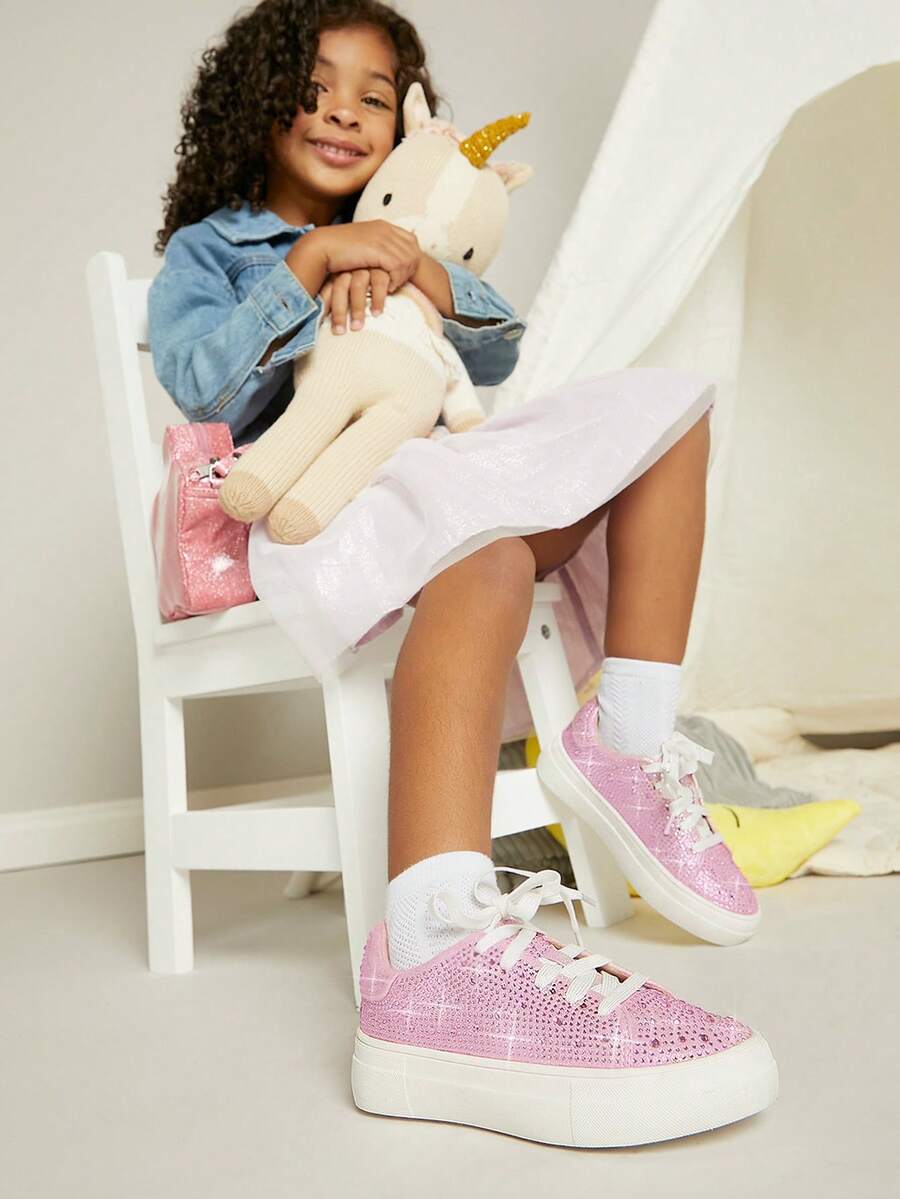 Cô gái Chi tiết Glitter Coa dây Giày thể thao - Hồng - Xem 1