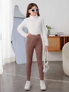 SHEIN 女大童條紋針織緊身打底褲 - 摩卡棕 - 查看 5