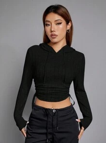 SHEIN EZwear Drawstring Side Crop Hoodie - Black - View 8