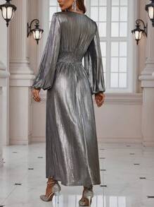 SHEIN Clasi Đầm Maxi Kim Loại Cổ Tròn Tay Phồng Xẻ Đùi Kim Loại Trang Phục Nữ - Bạc - Xem 2