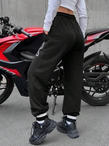 EURMUSE Letter Graphic Drawstring Waist Sweatpants - Black - View 2