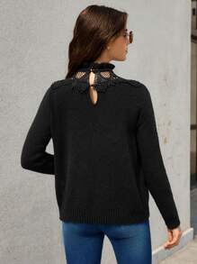 SHEIN Frenchy Ren tương phản Nếp uốn Cổ giả Áo len - màu đen - Xem 4