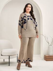 Mulvari Plus Plants Pattern Drop Shoulder Sweater & Knit Pants - Khaki - View 3